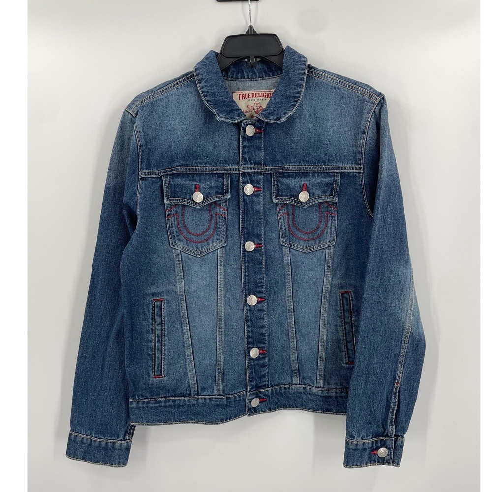 True Religion Trucker Jacket Mens M Blue Denim Jesse SN Red Stitch Y2K Western
